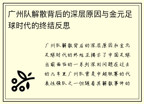 广州队解散背后的深层原因与金元足球时代的终结反思