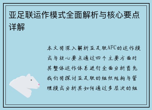 亚足联运作模式全面解析与核心要点详解