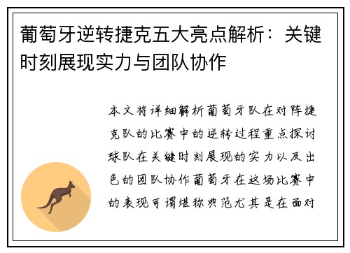 葡萄牙逆转捷克五大亮点解析：关键时刻展现实力与团队协作